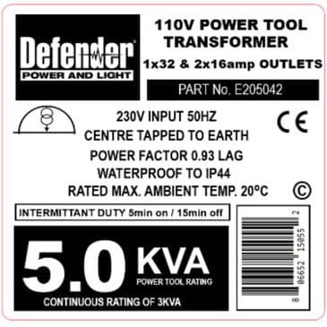 Defender Transformer Label  5.0kva Intermittent x 5