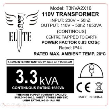 Elite Transformer Label  3.3kva Intermittent x 5
