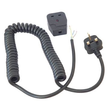 Black Curly Mains Power Cable Lead and Socket 230 Volt 13amp